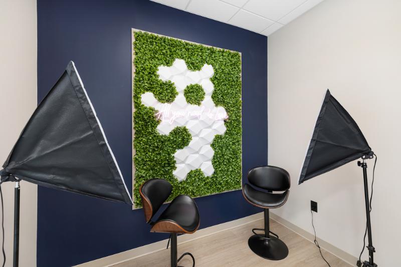 The image shows a room with a blue wall featuring a large white plant-like decoration on the right side, three black photo backdrops with white edges set up for photography, a black chair with a cushion in front of them, and a dark carpet. The floor lamp has a triangular shade and is turned off.